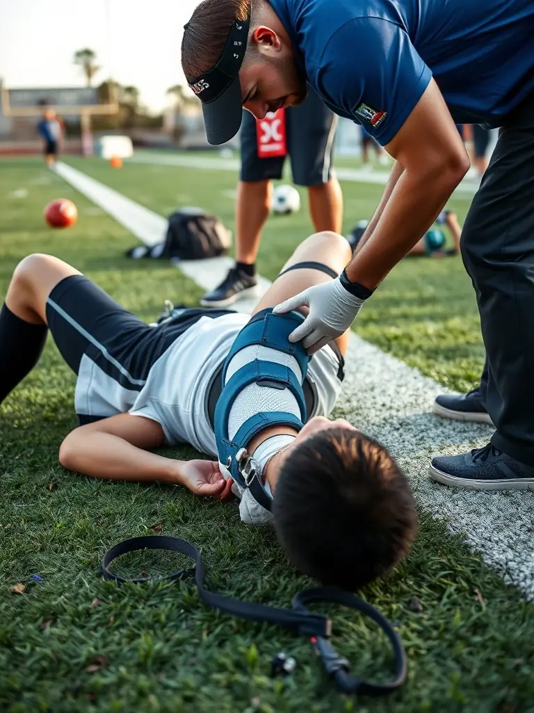 An athlete receiving treatment for an ankle sprain on the sidelines of a sports field. The focus is on the medical staff providing immediate care.