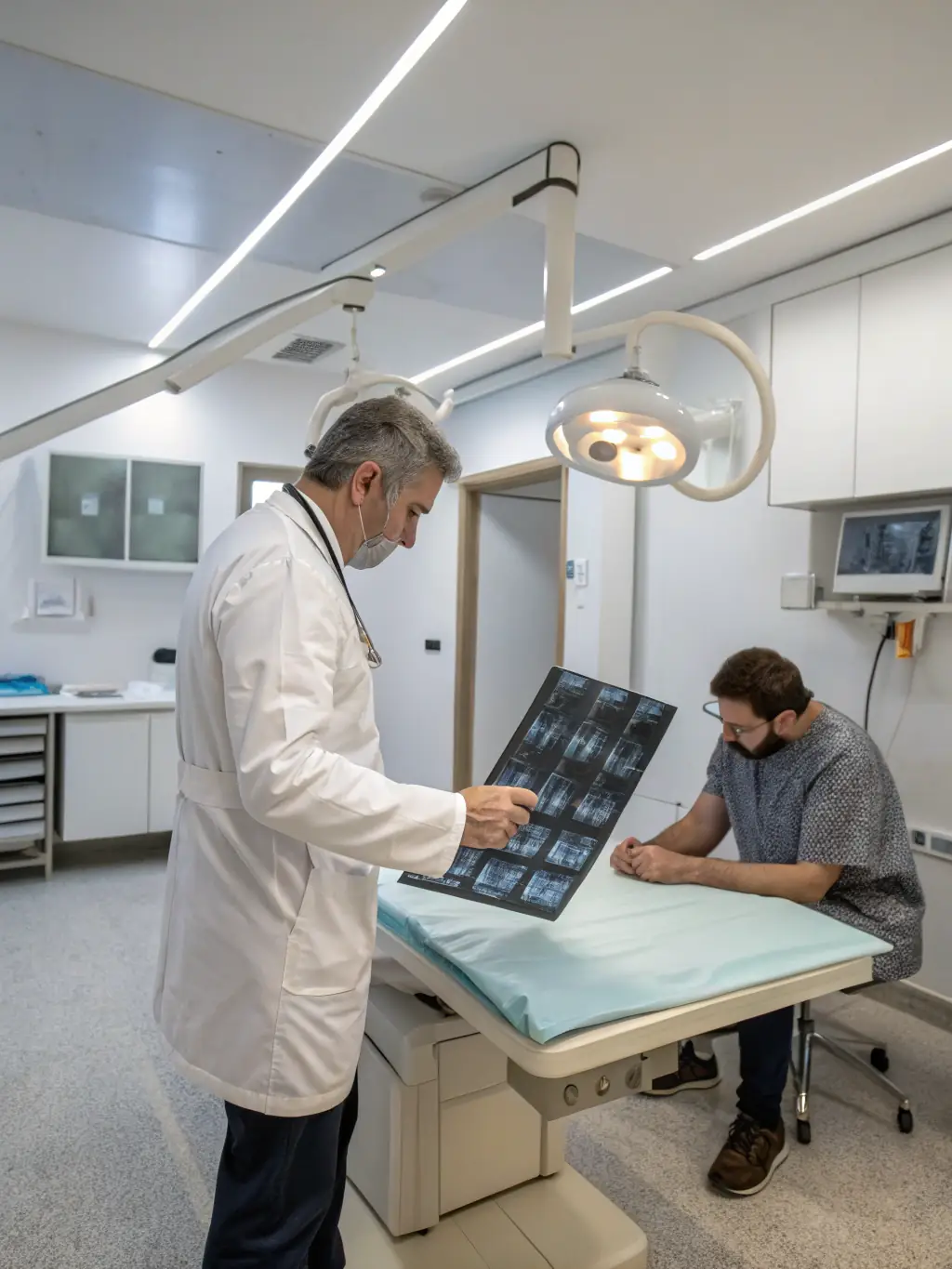 A podiatrist examining an x-ray of a patient's foot, highlighting a fracture. The setting is a modern medical office.