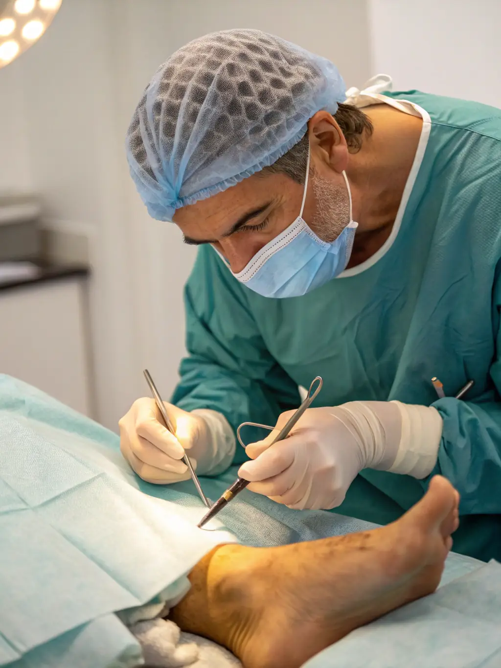 A surgeon performing a bunion correction surgery in a sterile operating room. The image should convey precision and expertise.