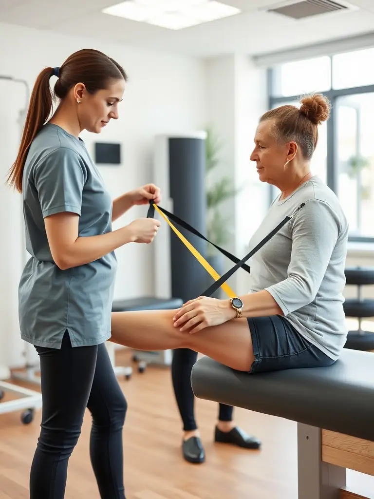 A patient undergoing physical therapy for ankle stabilization, focusing on exercises to improve balance and strength. The setting is a rehabilitation center.